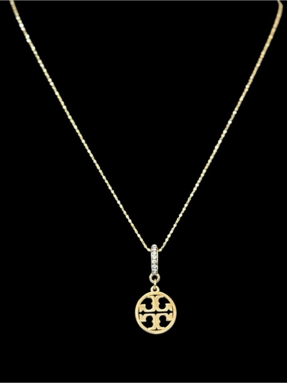 Tory Burch Gold Logo Disc Necklace with Crystal Bail - Picture 3 of 3